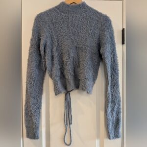 Le Lis Fuzzy Dusty Blue Cropped Open Tie Back Turtleneck Sweater Size Small